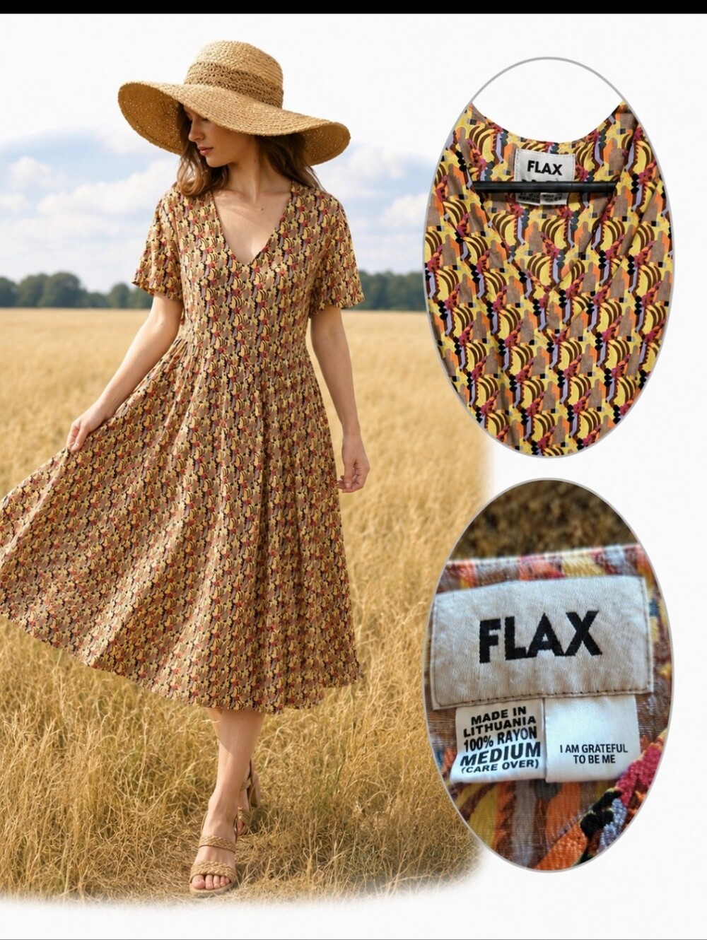 Flax Brand Rayon Midi Dress Abstract Print Boho Flowy Yellow/Orange/Purple Sz M
